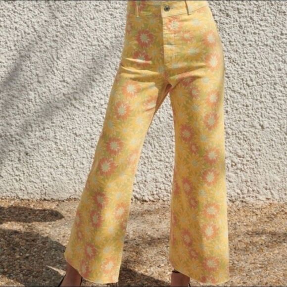 Zara Marine Straight Sunflower Floral High Waist Wide Leg Jeans Pants Size 0 - Picture 2 of 9